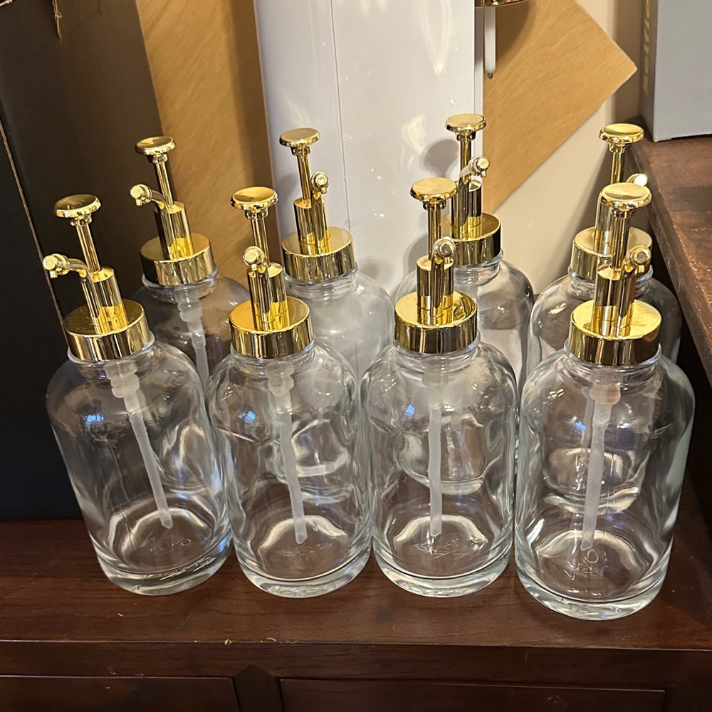 Set of 8 Glass Bottles with Gold Pumps